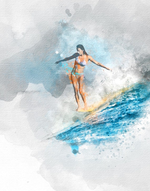 SURFER GIRL Water Color Painting - Surfing Print, Ocean Water