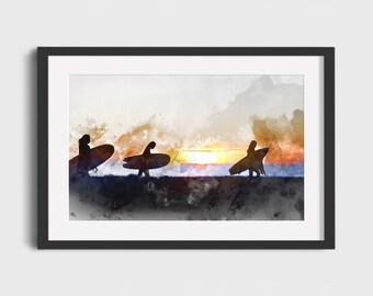 Vintage Surfer Girl Watercolor Print – Retro Surf Art (Digital Download)