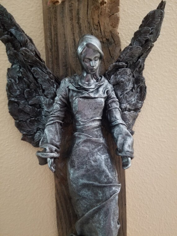 Silver Angel on Reclaimed Cedar Wood Plank - Powertex Angel on