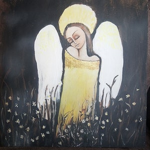 Unframed yellow  Angel on wood base  - Decoupage angel on wood - Farmhouse decoration - wall art - Rustic Angel decor - Christmas -Birthday