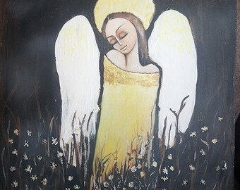 Unframed yellow  Angel on wood base  - Decoupage angel on wood - Farmhouse decoration - wall art - Rustic Angel decor - Christmas -Birthday