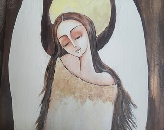 Unframed brown Angel on wood base - Decoupage angel on wood - Farmhouse decoration-wall art - Rustic Angel decor - Anniversary- Christmas