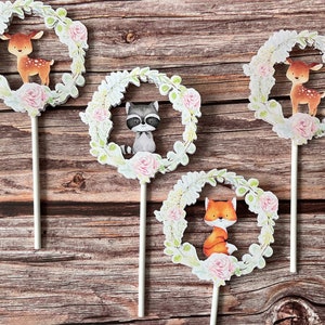 Woodland Cupcake Toppers - unit of 12 pieces, birthday, baby shower, Forest animals