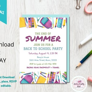 Back to school party Invitation, End of summer,  EDITABLE, INSTANT DOWNLOAD