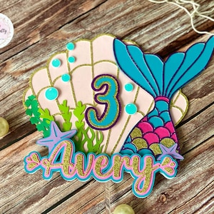 Mermaid Cake Topper – Personalized Under the Sea Birthday Decor – Custom Name & Age – Glitter Mermaid Tail Party Decoration