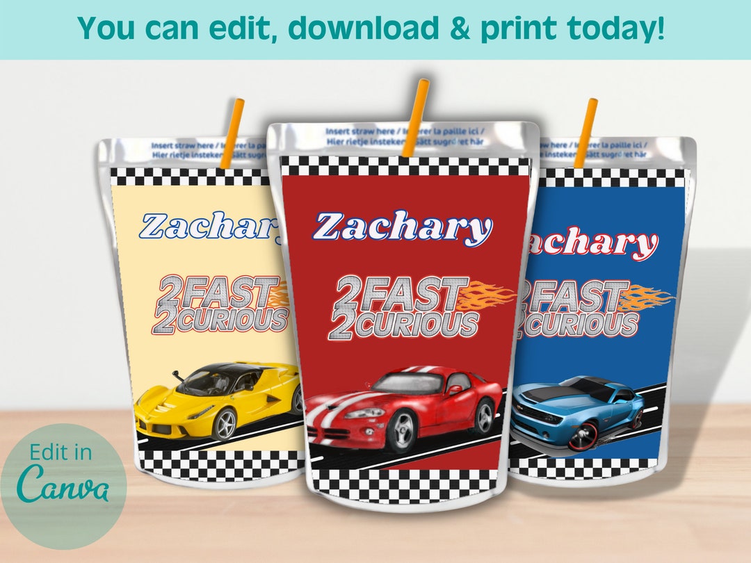 2 Fast Drink Pouch Labels, Race Car Drink Labels 2 Fast Birthday Party