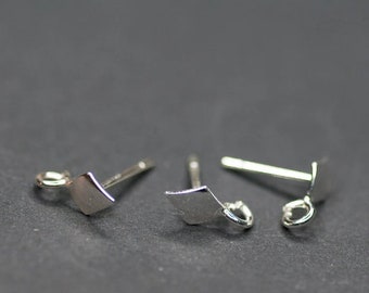 Earrings Making, Solid Sterling Silver Post Studs Findings Supplies, Parailelogram Geometrical Posts Studs with Loop, Silver Findings