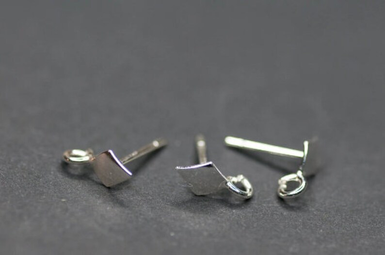 Earrings Making, Solid Sterling Silver Post Studs Findings Supplies, Parailelogram Geometrical Posts Studs with Loop, Silver Findings image 1