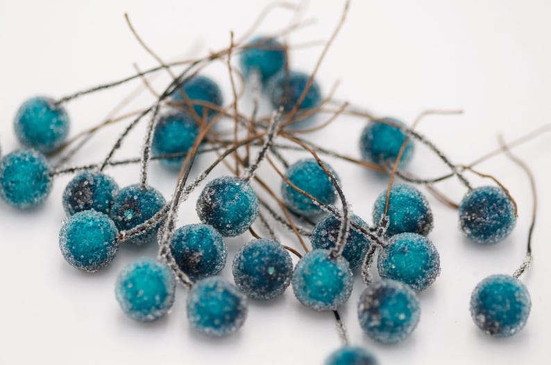 May include: A cluster of teal blue frosted berries on brown wire stems. The berries are arranged in a random pattern and are scattered across a white background.