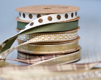 Set of 5 Decorative Gold, Army Green Ribbons, Florist Ribbons, Bouquet Ribbons Mix, Satin Craft Ribbon, Dot Ribbon, Cotton Ribbon