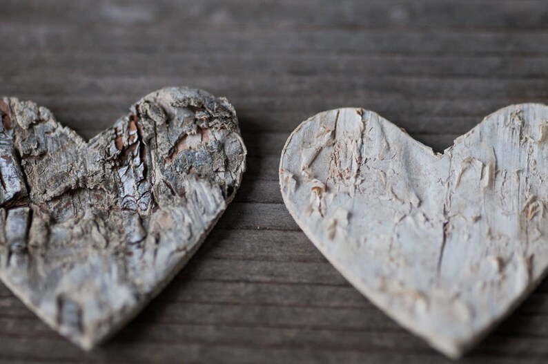May include: Two heart-shaped pieces of wood, carved from birch bark, with a natural, rustic finish. The wood has a light gray color and a textured surface.