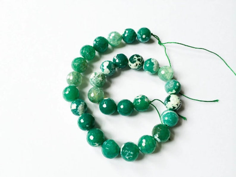 28 beads Green Faceted Beads, Natural Stone Beads, 14mm Agate, Round Beads, 15 Strand Gemstone Beads, Green Beads, Jewelry Making Supplies image 1