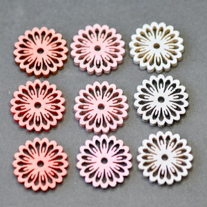 Tiny Wooden Flowers Cuts Ornaments 36pics Mix 3colours, Natural Wood Rustic Flower Shape, Summer Craft Supplies, Pastel Pink Flowers Cuts