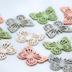 Set of 12 Wooden Butterflies – Pastel Pink, Green, Grey, Off-White – Nursery Decor, Crafts, Scrapbooking – 4cm Wood Embellishments