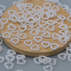 50 kleine acrylparelhart bruiloftsdecor, witte harten van 1,2 cm, trouwbedankjes, bruiloftaccessoires, tafeldecor, schuifregelaars hartlint