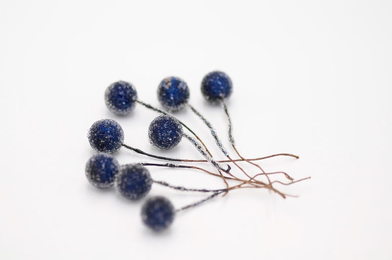 May include: A cluster of blue frosted berry sprigs with brown wire stems.