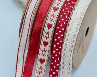 Decorative Ribbons Set of 5 Red Ribbons, Florist Ribbons, Bouquet Ribbons, Red Heart Craft Ribbon, Lace Ribbon, Red Cotton Ribbon