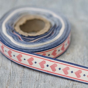 Rustic Hearts Cotton Ribbon, 1.5cm thick, 10m long, Heart Ribbon, Decortive Ribbon, Craft Supplies, DIY Ribbon, Blue and Red Heart Ribbon