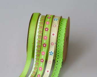 Green Decorative Ribbon Set of 5 Summer Ribbons, Florist Ribbons, Bouquet Ribbons, Green Craft Ribbon, Lace Ribbon, Rib Wave Flower Ribbon