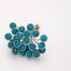 May include: A cluster of teal blue berries with a frosted finish, arranged on a white background.