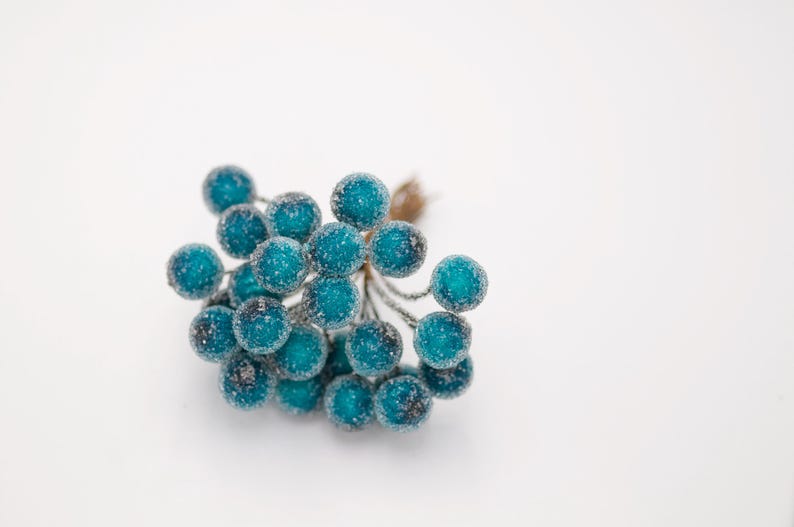 May include: A cluster of teal blue berries with a frosted finish, arranged on a white background.