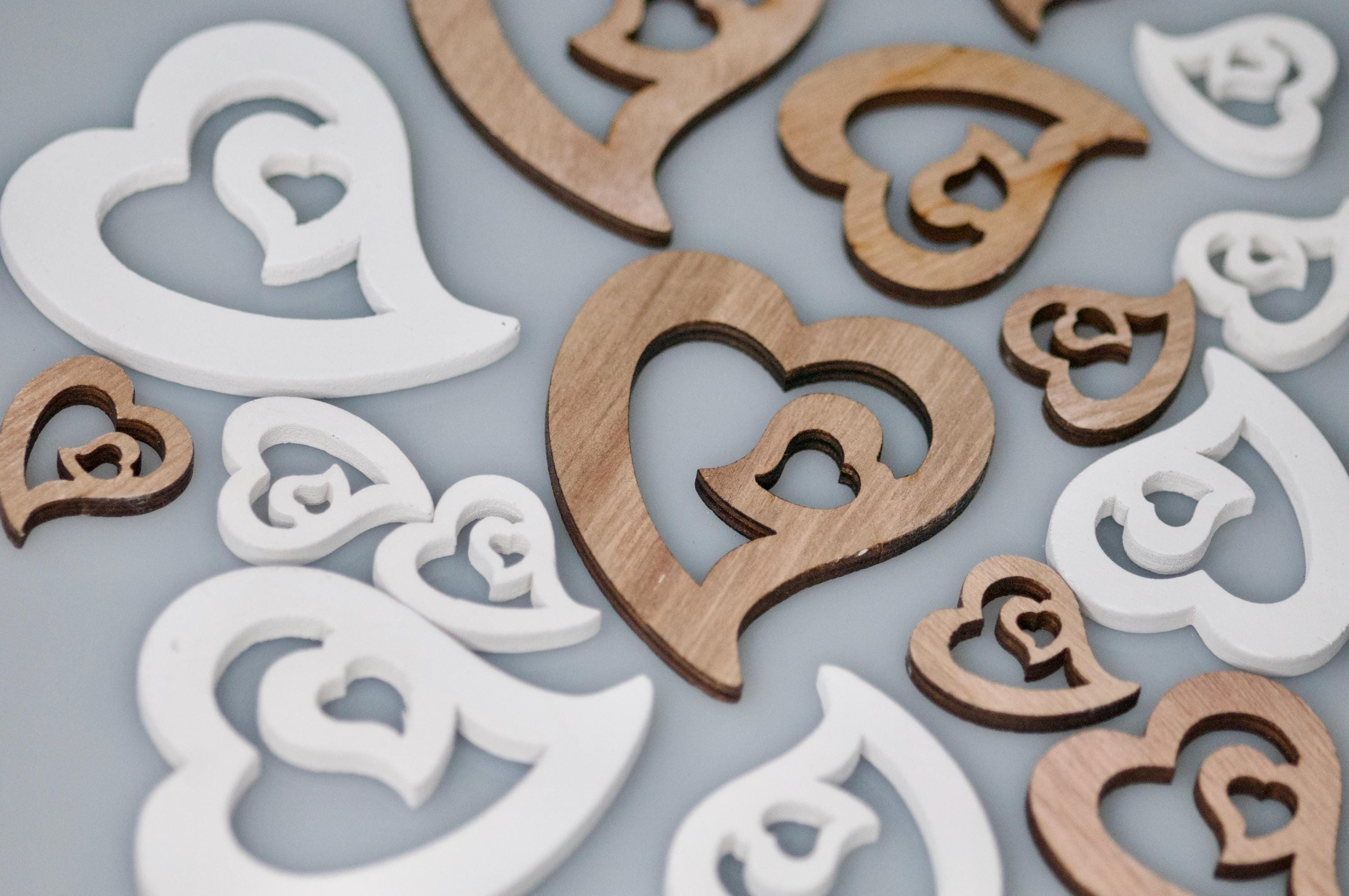 16 Rustic Wooden Hearts Mix of 3 sizes White Brown, Natural Rustic Craft Hearts, Heart Shapes, Decorative Wood Hearts, Wedding Table Decor