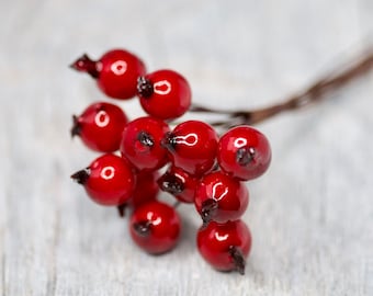 Small Red Decorative Christmas Berries 2 bunches of 12, Autumn Decor, Faux Berries,  Red Fruit Wreath Components, Autumn Craft Supplies