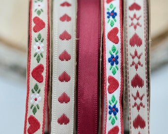Decorative Ribbons Set of 5 Red Ribbons, Florist Ribbons, Bouquet Ribbons, Red Heart Craft Ribbon, Lace Ribbon, Red Cotton Ribbon