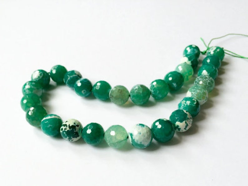 28 beads Green Faceted Beads, Natural Stone Beads, 14mm Agate, Round Beads, 15 Strand Gemstone Beads, Green Beads, Jewelry Making Supplies image 4