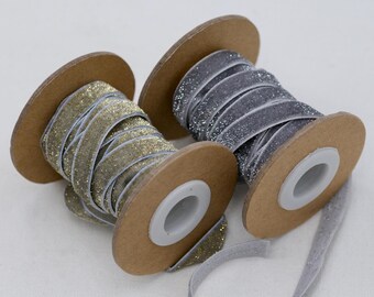 Glitter Velvet Ribbon: Silver & Gold Sparkling Craft Ribbon (10mm x 3m), Gift Wrapping