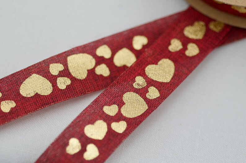 Hessian Ribbon, Heart Jute Ribbon, 25mm x 10yards full role, Florist Ribbon, Rustic Craft Ribbon, Decorative Heart Ribbon Red