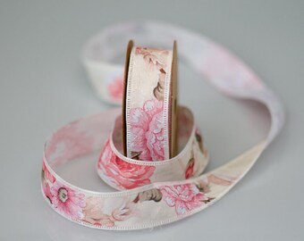 Pink Flower Ribbon, Satin Ribbon 2.5cm x 10m Full Roll, Spring Decorative Ribbon, Floral Ribbon, Craft Ribbon
