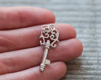 Sterling Silver Key Pendant Boho Silver Key Charm, 3cm Key Pendant Silver Jewelry Findings Jewelry Components Jewelry Making Silver Supplies