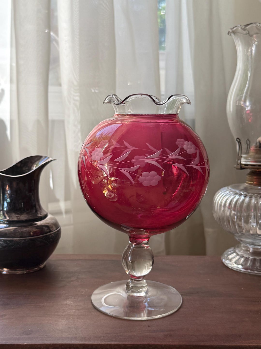 Vintage Ruby Red Etched Glass Vase – Pedestal Footed Vase With Floral ...