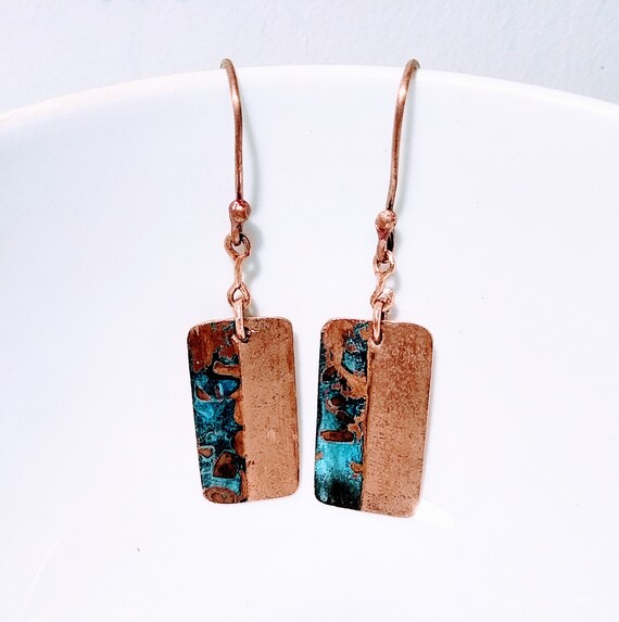 Pendientes de cobre con pátina oxidized blue patina citymaps copper earrings boho style