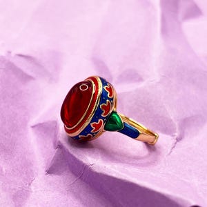 Vintage Cloisonne and Red Gem Design Ring, Large 18k Gold Plated Ethnic Design Ring, Egyptian Enameled Maxi Ring