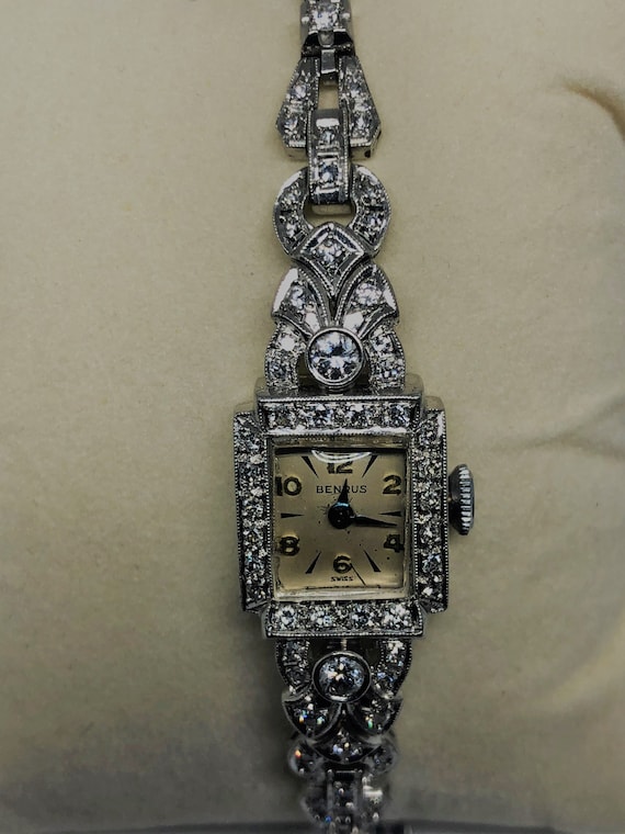 Ladies Benrus Platinum Diamond Watch Mint Vintage 