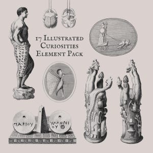 May include: An illustration of 17 curiosities, including a statue, pendants, cameos, and decorative hands. The text "17 Illustrated Curiosities Element Pack" is displayed in the center. The image is in black and white.