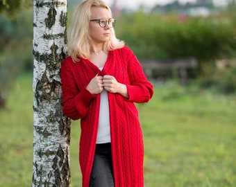 Handgemachter Damen Cardigan Gestrickter Alpaka Wollpullover Lang lang Custom Design Open front Herbst Must-have Geschenk für Sie