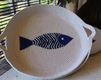 Custom Order for Carla Graphic Fish , (18” Round x 3” high) Rope Basket, Handmade, Entertain Basket, Gift Ideas, Made in USA