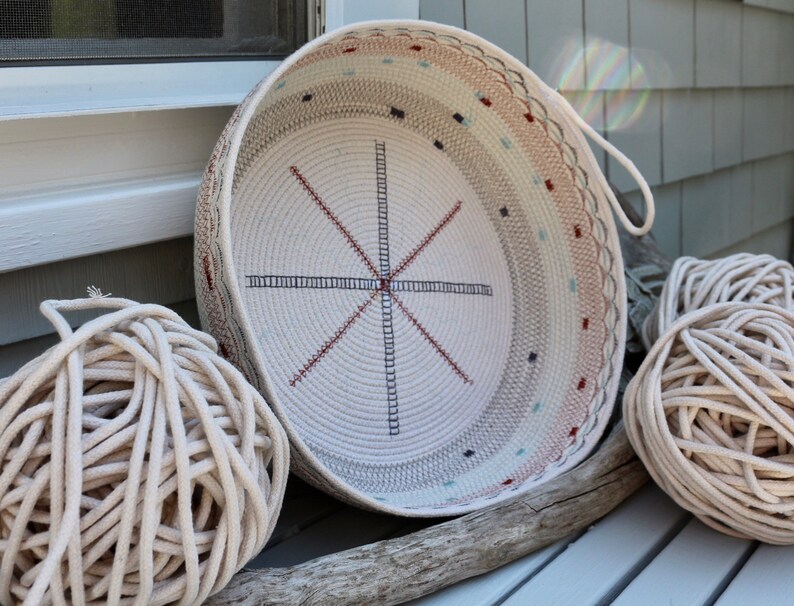 Handmade Rope Basket Rope Basket, Charcoal Gray, Blue, Terracotta