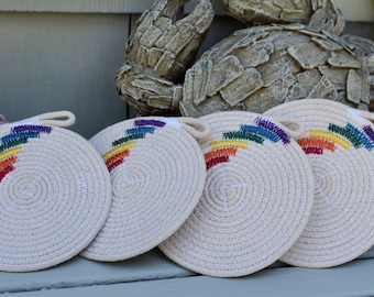 Handmade Pride Rope Coasters- Set of 4 , Rainbow Coasters,  Drinkware Coasters, Pride Coasters, LGBT Coasters, Gift Ideas