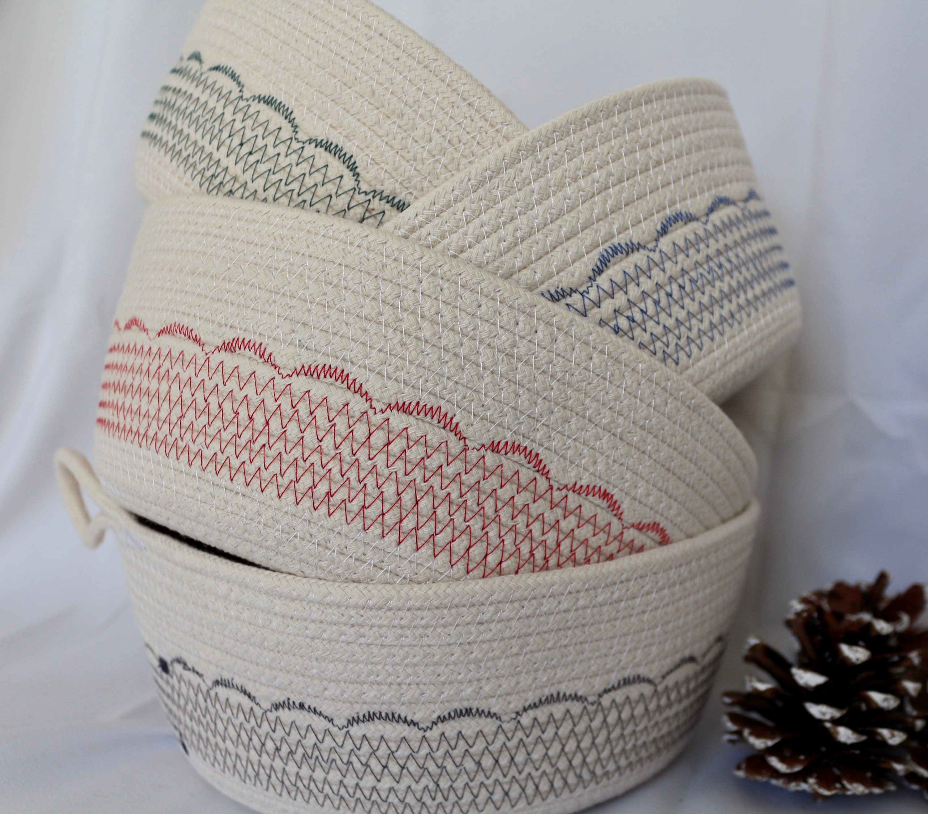 Rustic Rope Baskets Handmade Rope Basket - Christmas Décor, Natural & Red - Storage Basket ...