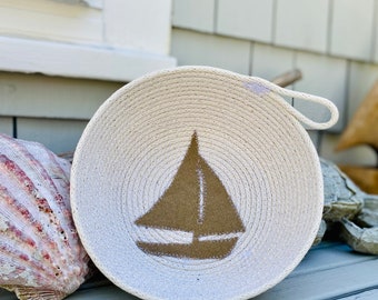 Handmade Sailboat  Rope Basket - Nautical, Neutrals, Vintage Eclectic, Minimalist , Boho. Shabby Chic,  Rustic, Made in USA