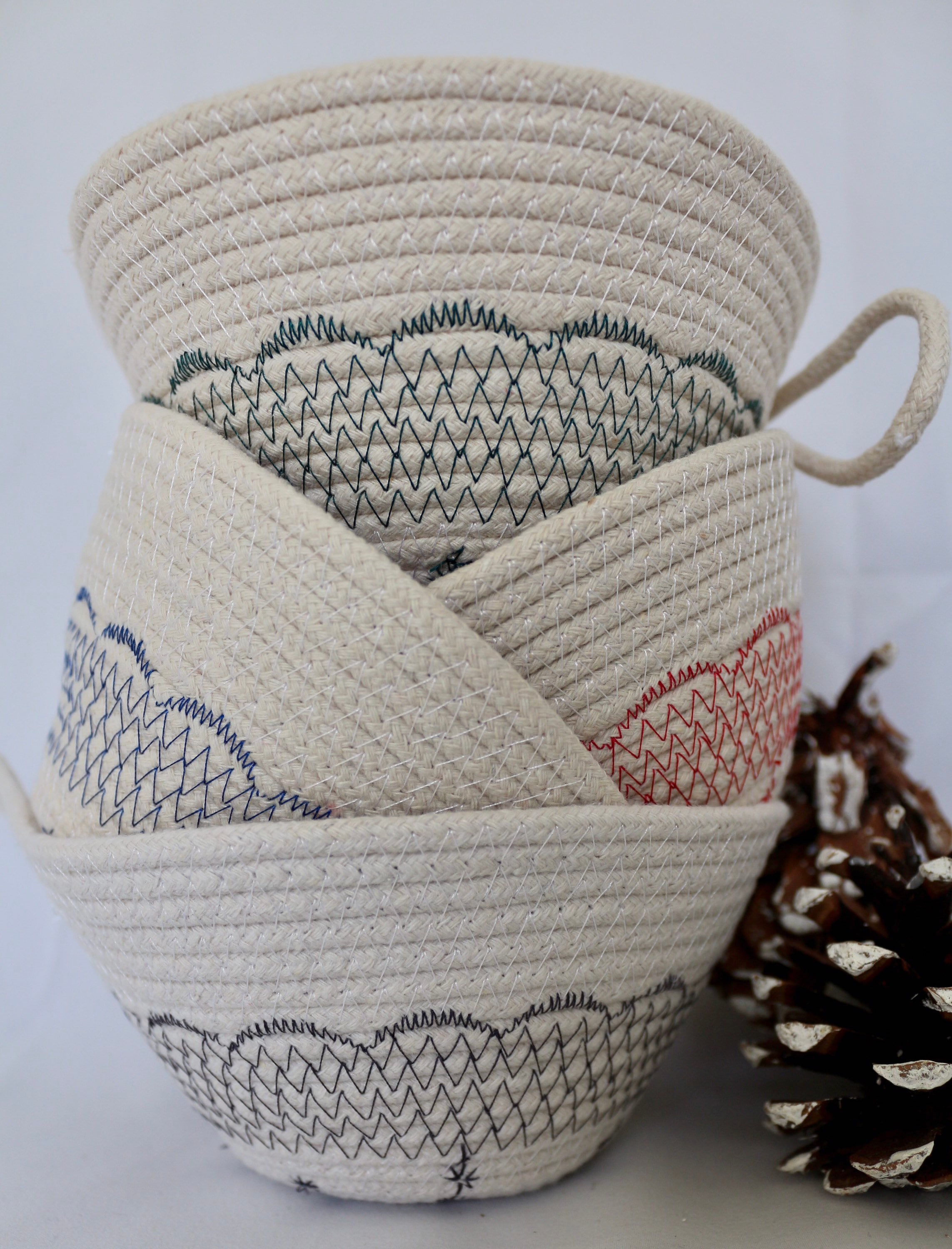 Handmade Rope Basket Natural & Red , Christmas Basket, Christmas Décor
