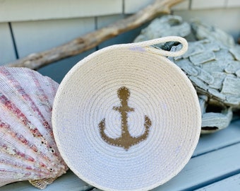 Handmade Anchor Rope Basket - Nautical, Neutrals, Vintage Eclectic, Minimalist , Boho. Shabby Chic,  Rustic, Storage, Made in USA