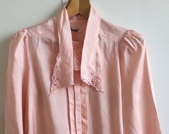 Vintage pink shirt with puff sleeves and supersized collar for women, Pink women's blouse with scalloped collar, statement collar blouse