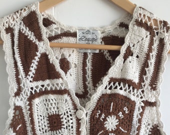 Vintage crochet patterned top in cream and brown for women, Retro crochet mini dress, crocheted eyelet top, Summer crochet top M/L