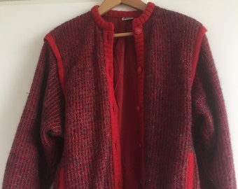 Vintage Burgund Mohair Cardigan Metallic Faden Weiche Strickjacke