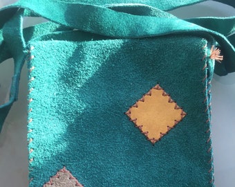 Vintage 1970s Green Suede Crossbody Bag • Leather Detail